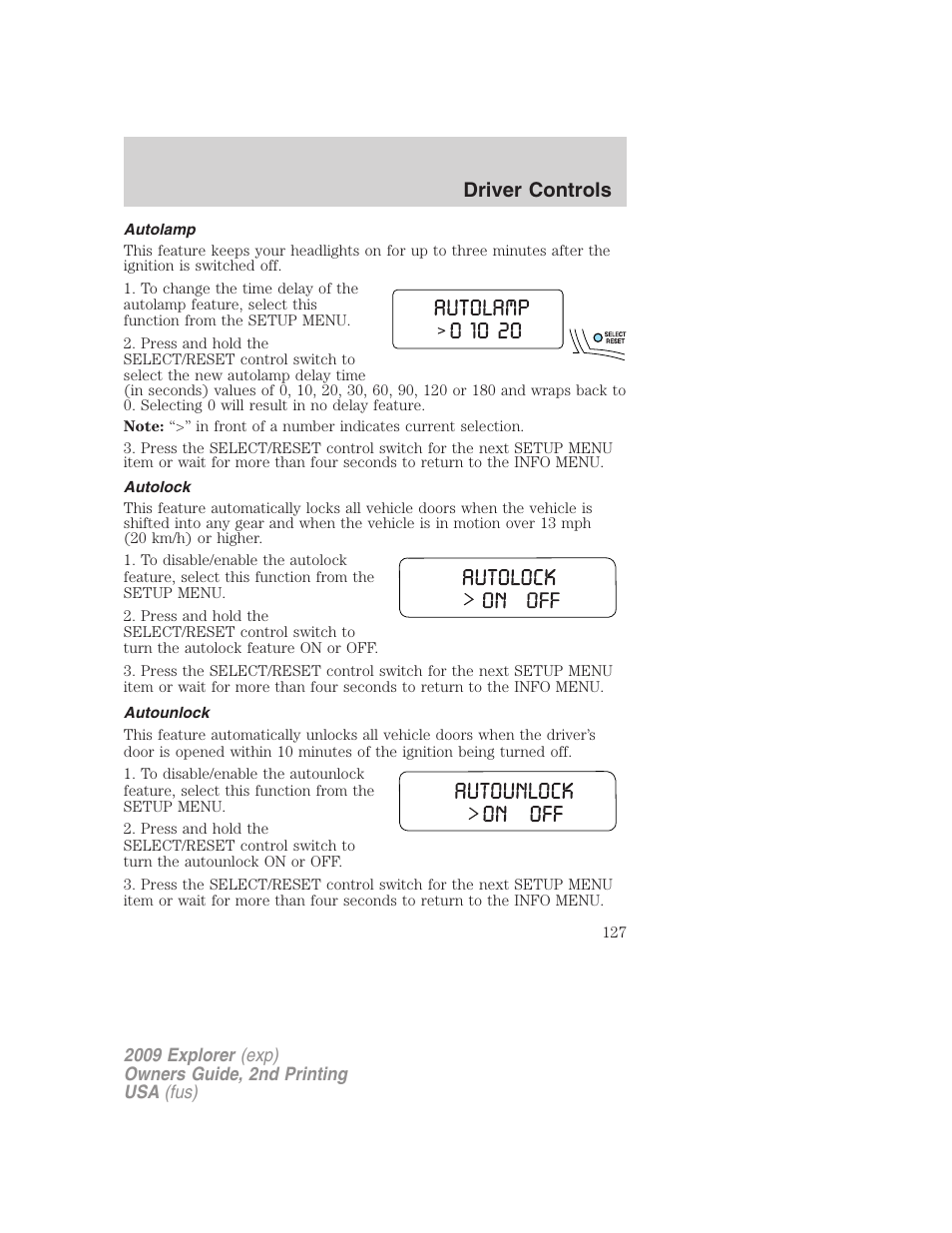 Autolamp, Autolock, Autounlock | Driver controls | FORD 2009 Explorer v.2 User Manual | Page 127 / 401