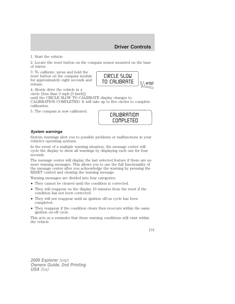 System warnings, Driver controls | FORD 2009 Explorer v.2 User Manual | Page 131 / 401