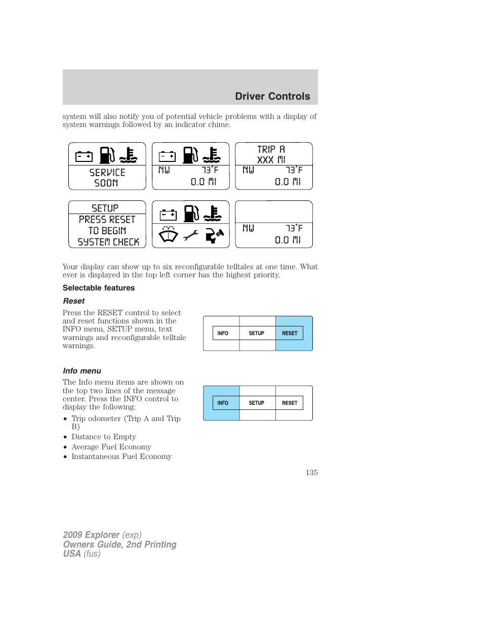 Selectable features, Reset, Info menu | Driver controls | FORD 2009 Explorer v.2 User Manual | Page 135 / 401