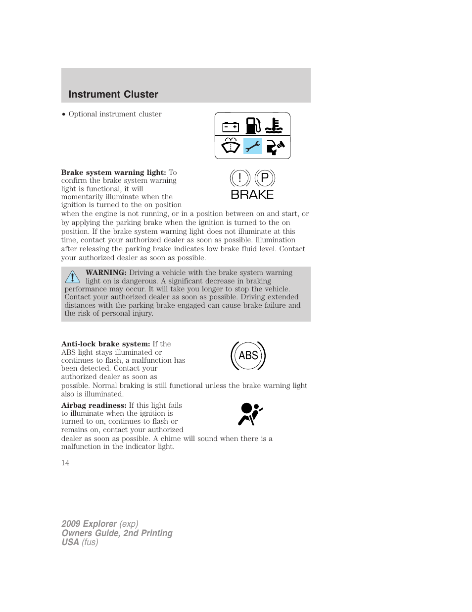 P! brake abs | FORD 2009 Explorer v.2 User Manual | Page 14 / 401