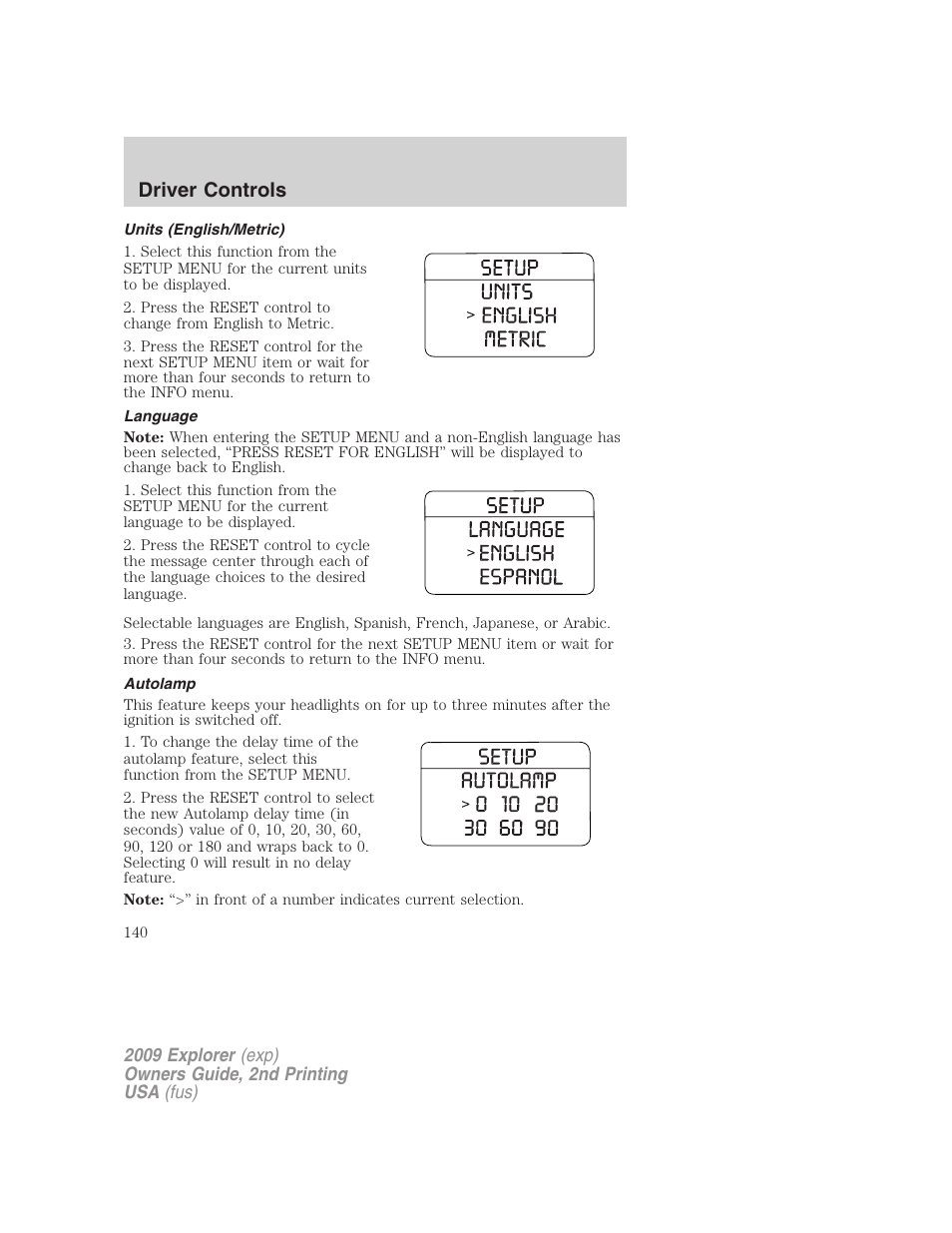 Units (english/metric), Language, Autolamp | Driver controls | FORD 2009 Explorer v.2 User Manual | Page 140 / 401