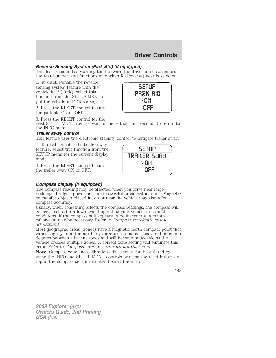Reverse sensing system (park aid) (if equipped), Trailer sway control, Compass display (if equipped) | Driver controls | FORD 2009 Explorer v.2 User Manual | Page 143 / 401