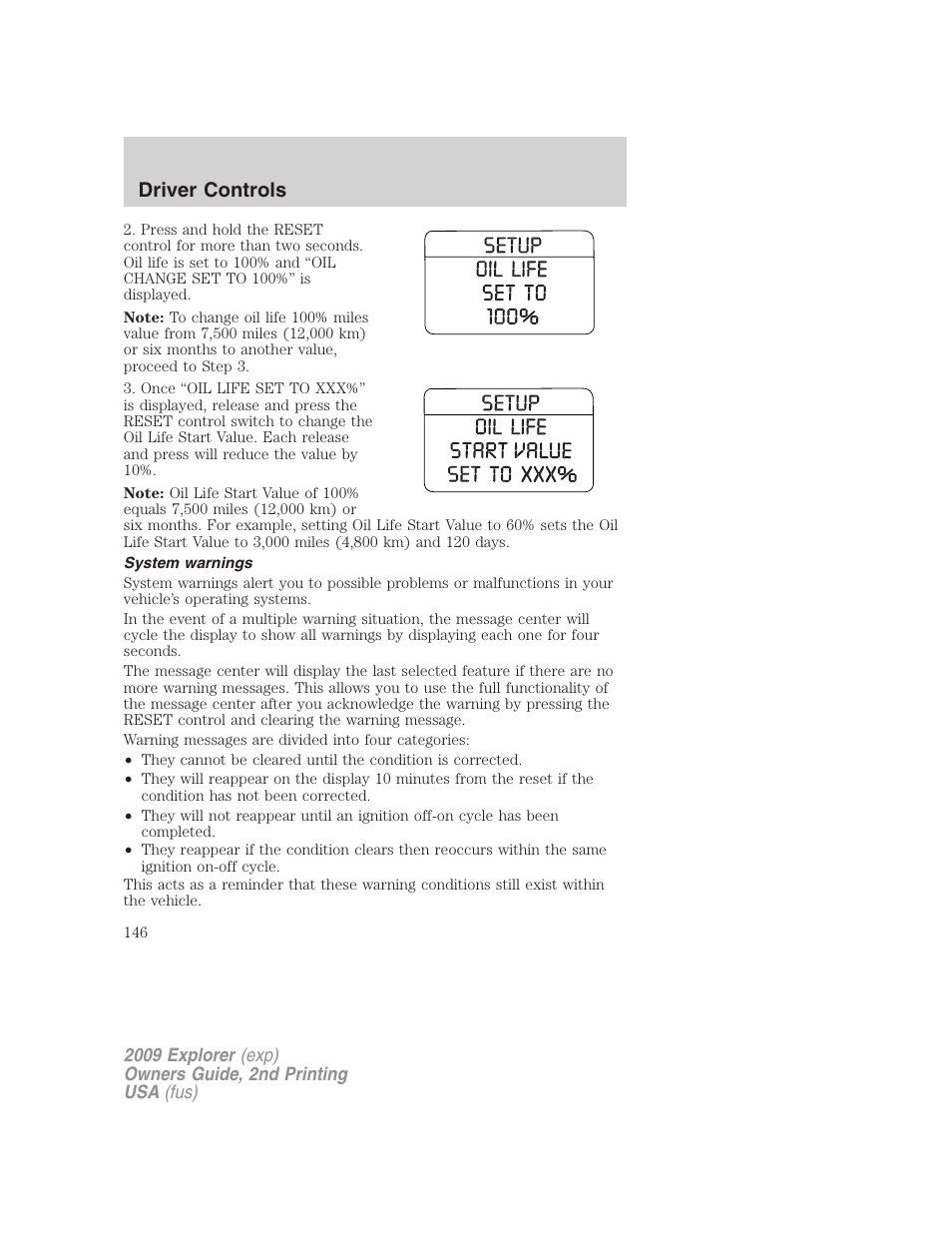 System warnings, Driver controls | FORD 2009 Explorer v.2 User Manual | Page 146 / 401