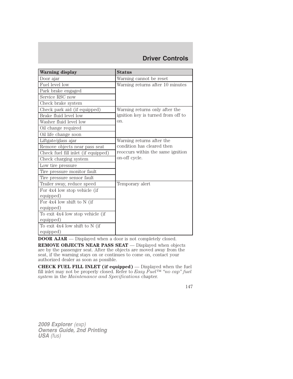 Driver controls | FORD 2009 Explorer v.2 User Manual | Page 147 / 401