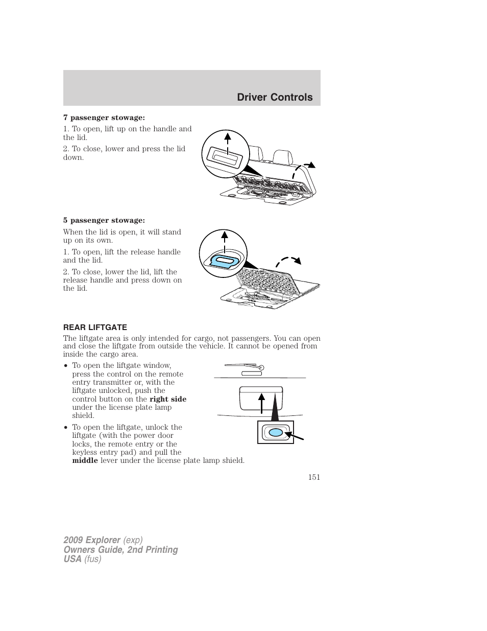 Rear liftgate, Driver controls | FORD 2009 Explorer v.2 User Manual | Page 151 / 401