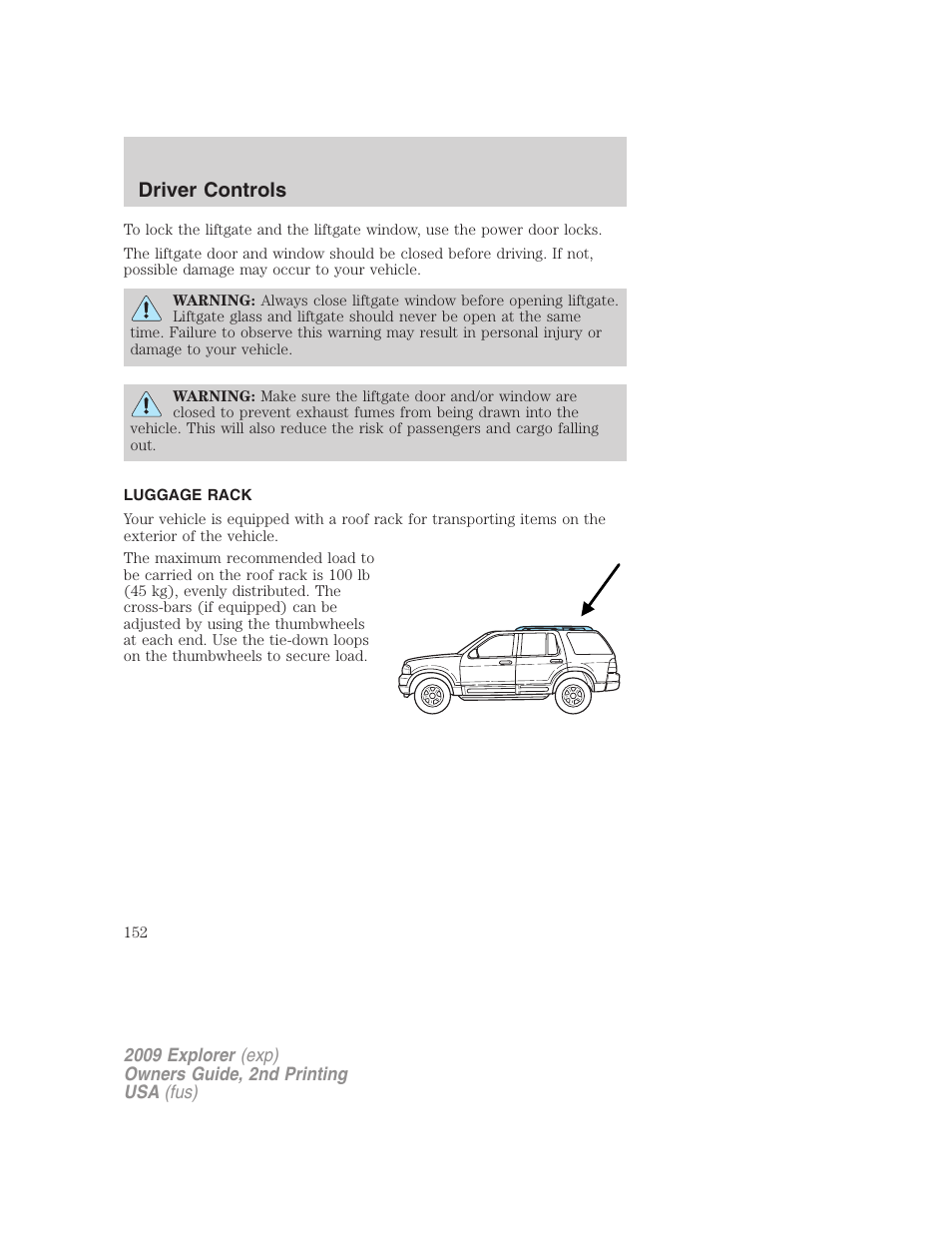 Luggage rack, Driver controls | FORD 2009 Explorer v.2 User Manual | Page 152 / 401