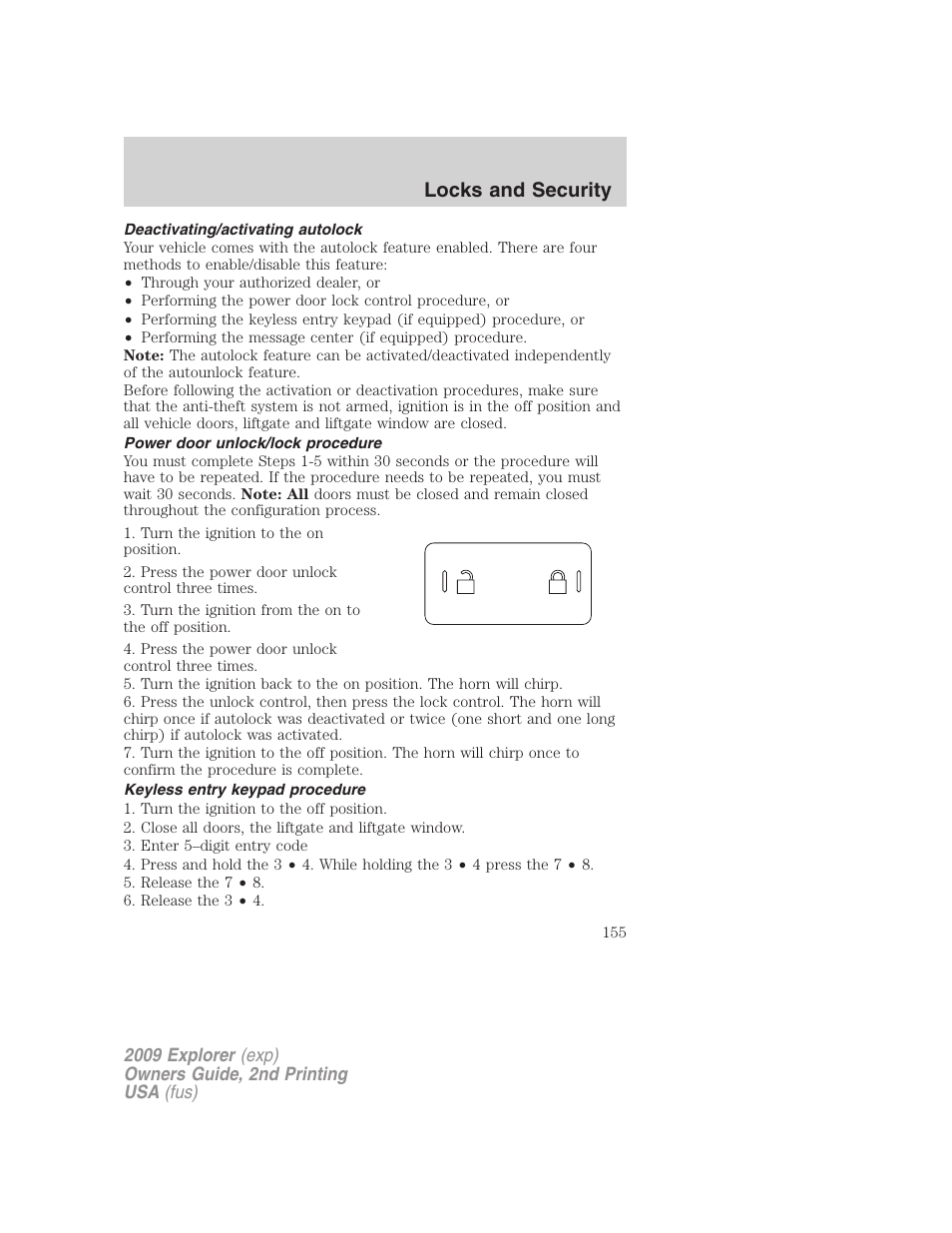 Deactivating/activating autolock, Power door unlock/lock procedure, Keyless entry keypad procedure | Locks and security | FORD 2009 Explorer v.2 User Manual | Page 155 / 401