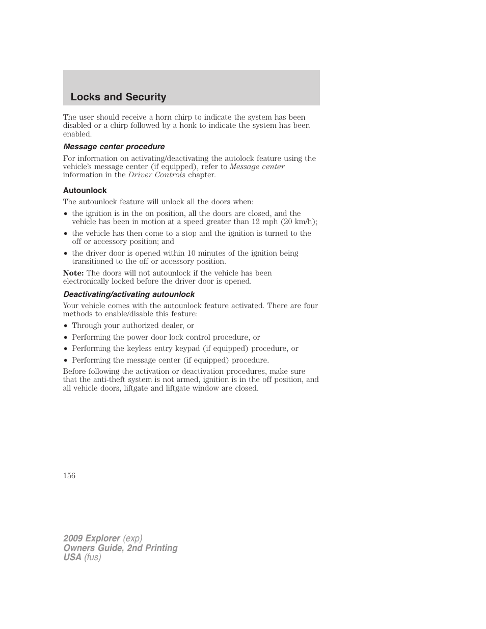 Message center procedure, Autounlock, Deactivating/activating autounlock | Locks and security | FORD 2009 Explorer v.2 User Manual | Page 156 / 401