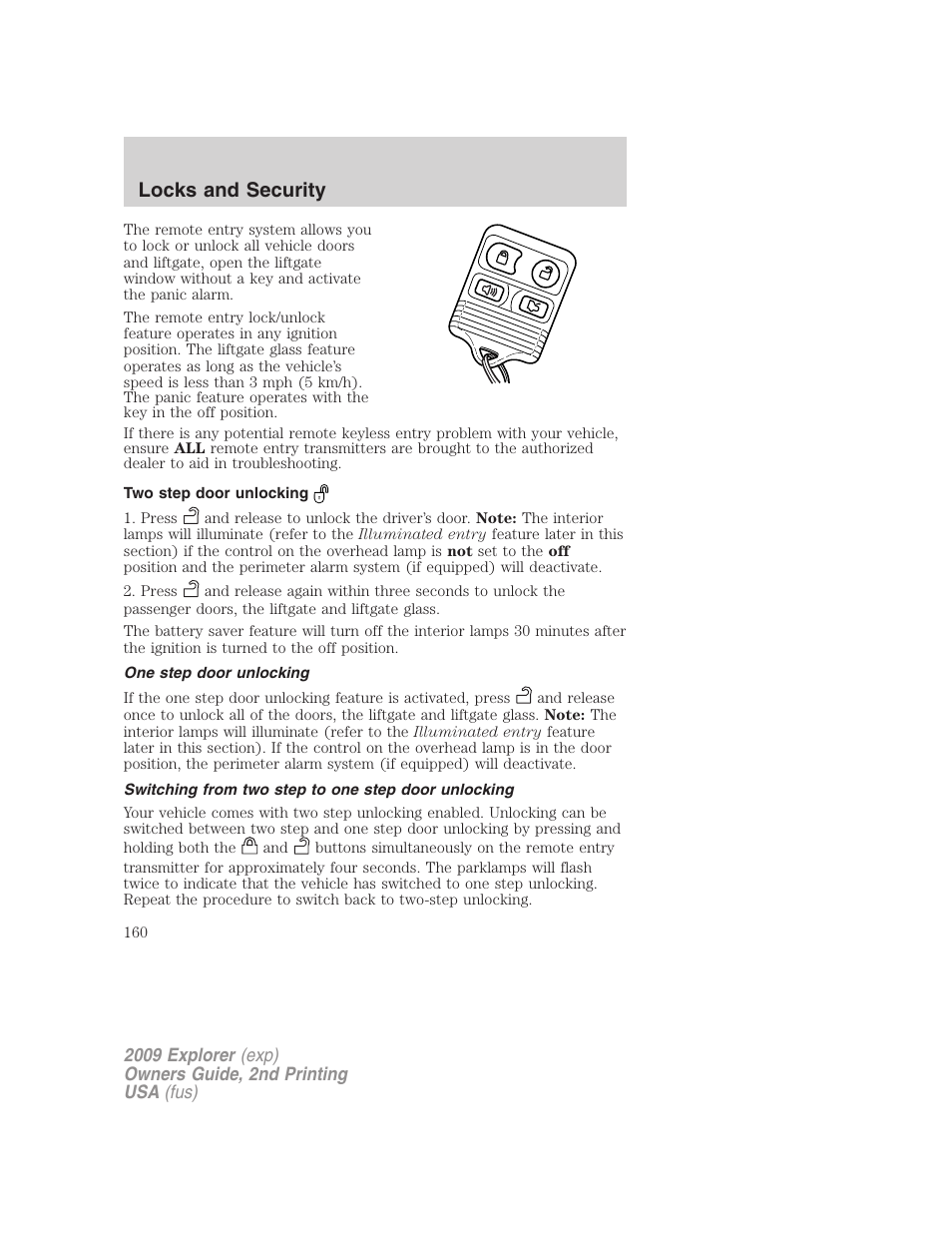 Two step door unlocking, One step door unlocking, Switching from two step to one step door unlocking | Locks and security | FORD 2009 Explorer v.2 User Manual | Page 160 / 401