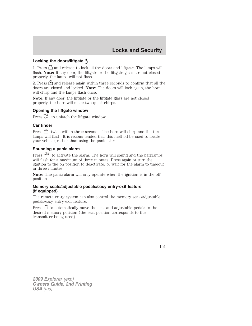 Locking the doors/liftgate, Opening the liftgate window, Car finder | Sounding a panic alarm, Locks and security | FORD 2009 Explorer v.2 User Manual | Page 161 / 401