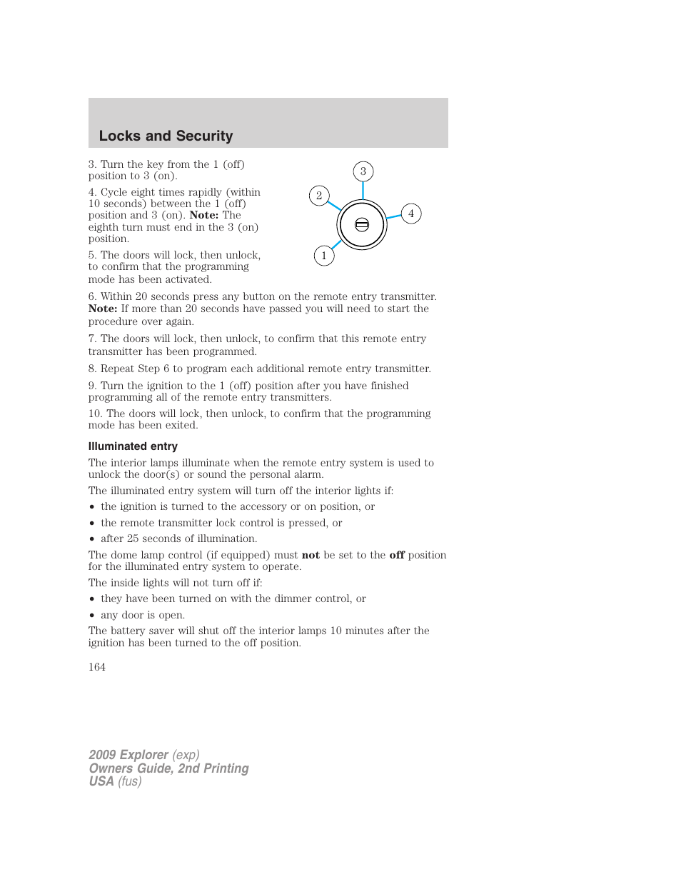 Illuminated entry, Locks and security | FORD 2009 Explorer v.2 User Manual | Page 164 / 401