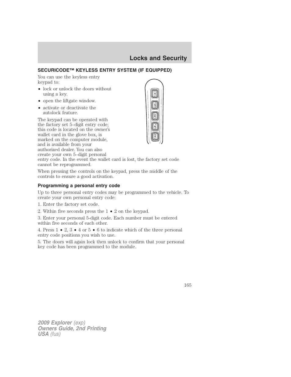 Securicode™ keyless entry system (if equipped), Programming a personal entry code, Locks and security | FORD 2009 Explorer v.2 User Manual | Page 165 / 401