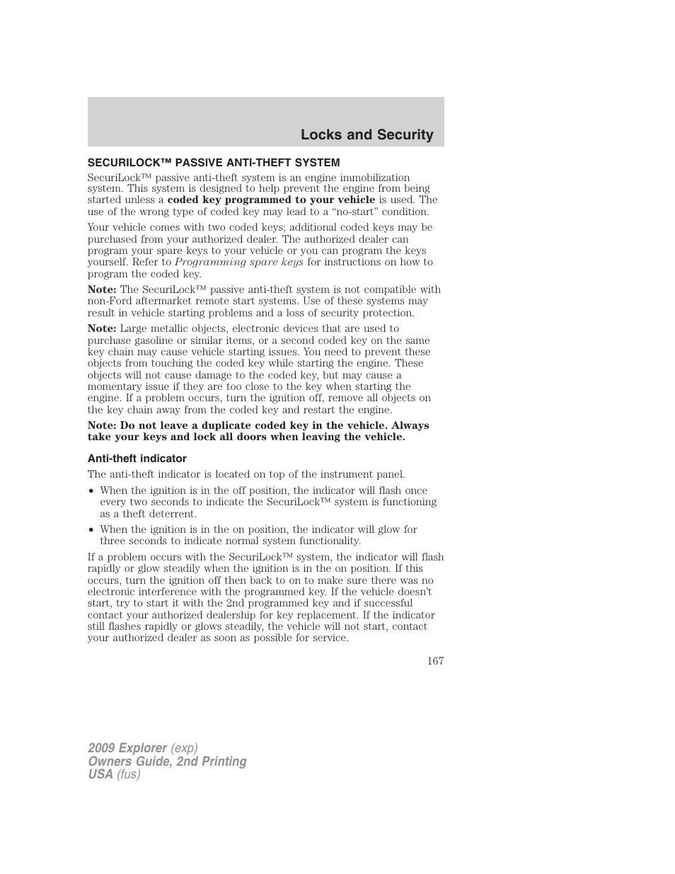 Securilock™ passive anti-theft system, Anti-theft indicator, Locks and security | FORD 2009 Explorer v.2 User Manual | Page 167 / 401