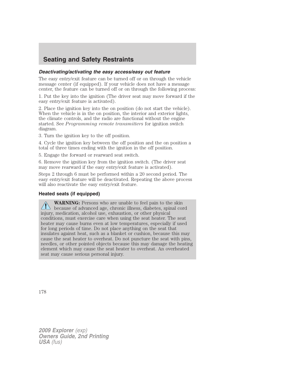 Heated seats (if equipped), Seating and safety restraints | FORD 2009 Explorer v.2 User Manual | Page 178 / 401