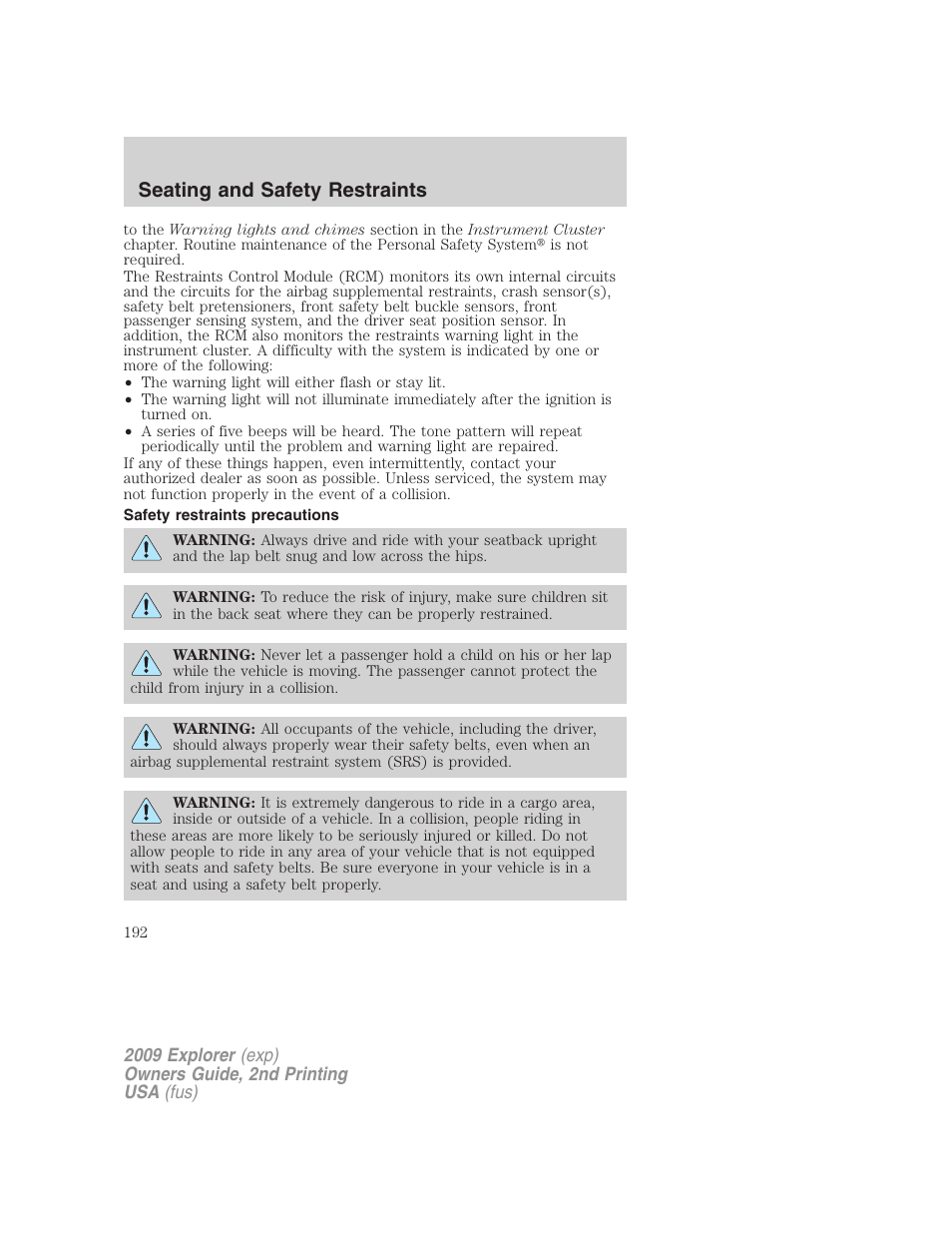 Safety restraints precautions, Seating and safety restraints | FORD 2009 Explorer v.2 User Manual | Page 192 / 401