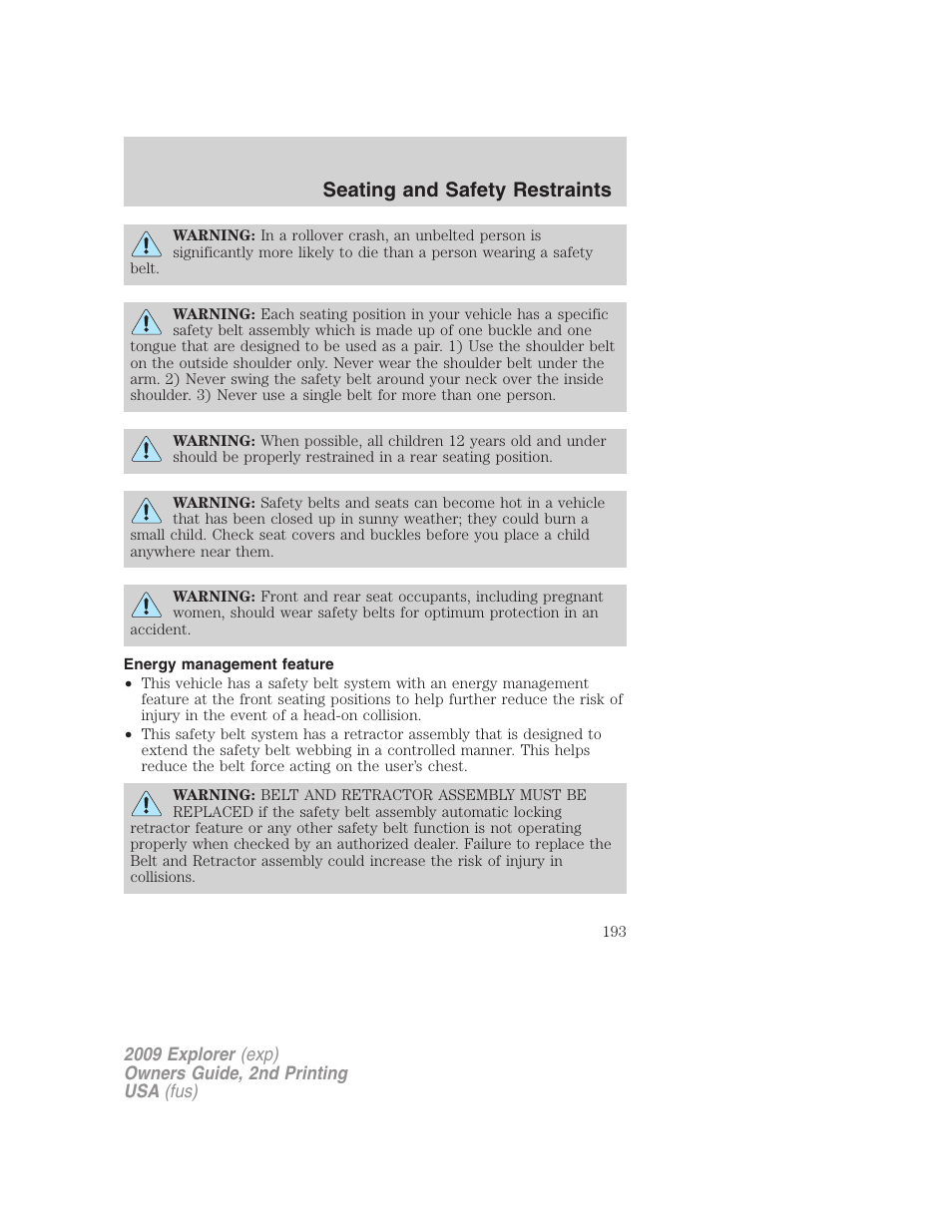 Energy management feature, Seating and safety restraints | FORD 2009 Explorer v.2 User Manual | Page 193 / 401