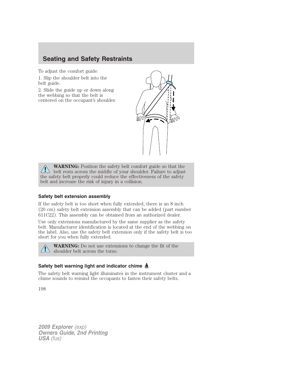 Safety belt extension assembly, Safety belt warning light and indicator chime, Seating and safety restraints | FORD 2009 Explorer v.2 User Manual | Page 198 / 401