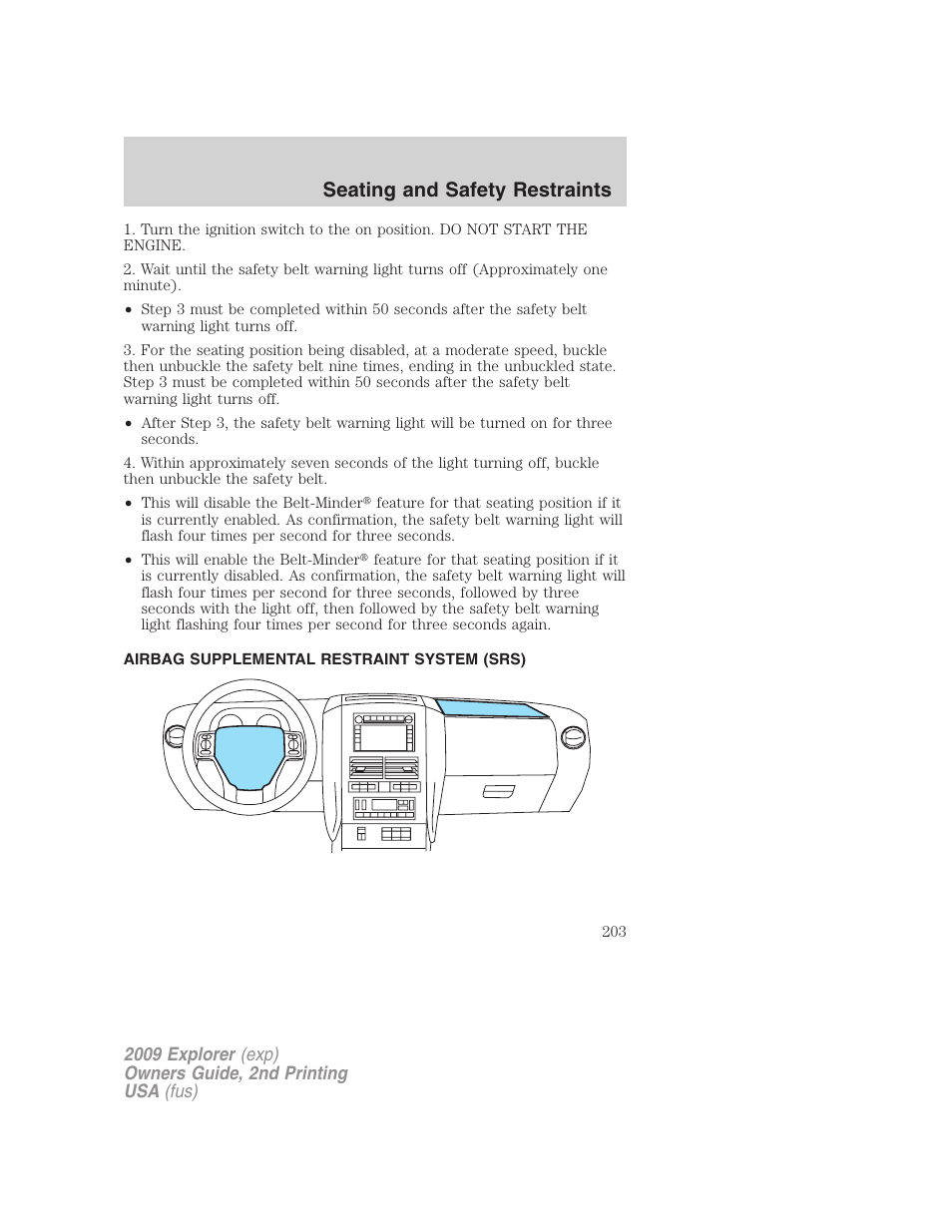 Airbag supplemental restraint system (srs), Airbags, Seating and safety restraints | FORD 2009 Explorer v.2 User Manual | Page 203 / 401