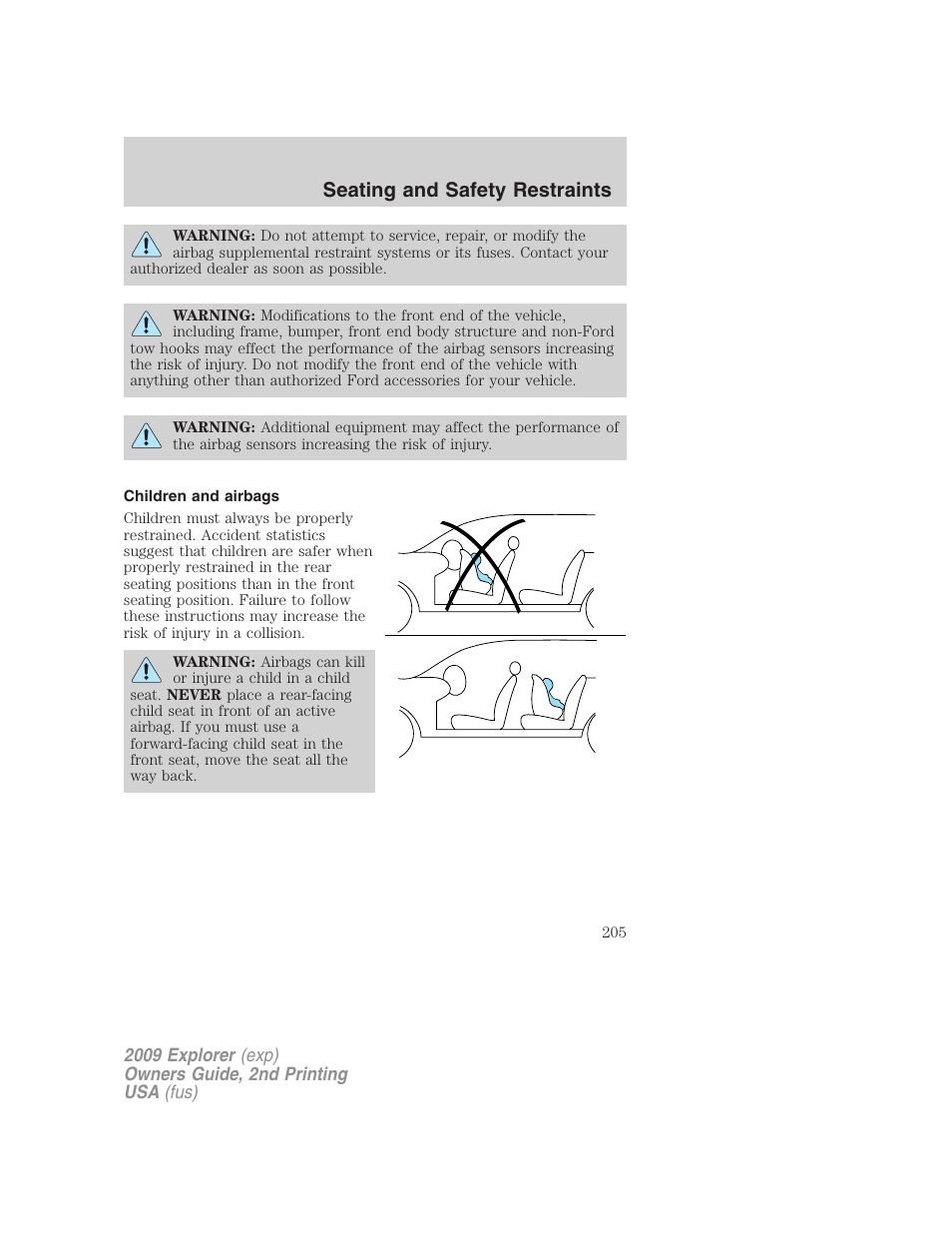 Children and airbags, Seating and safety restraints | FORD 2009 Explorer v.2 User Manual | Page 205 / 401