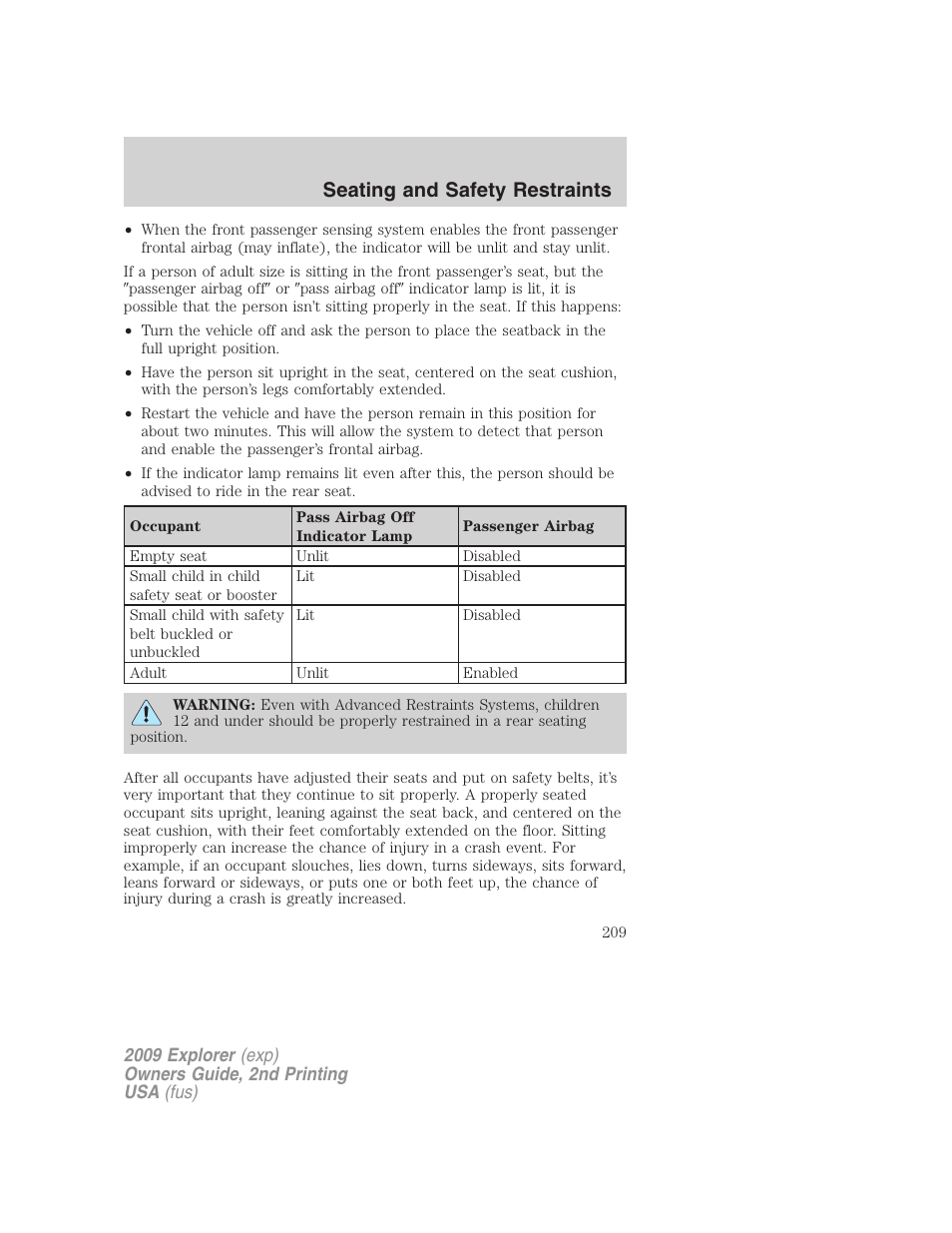 Seating and safety restraints | FORD 2009 Explorer v.2 User Manual | Page 209 / 401