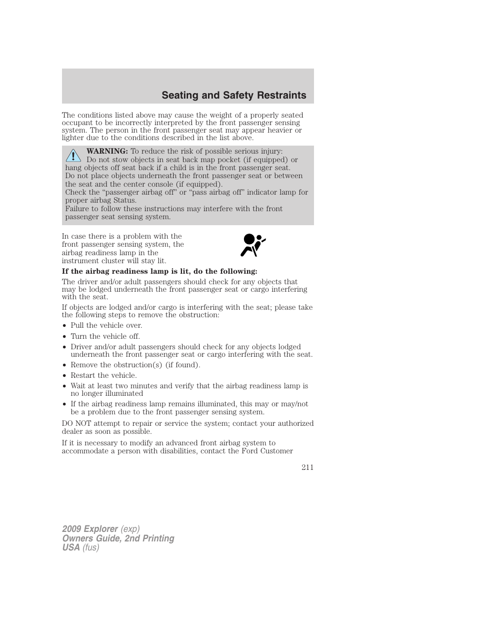 Seating and safety restraints | FORD 2009 Explorer v.2 User Manual | Page 211 / 401