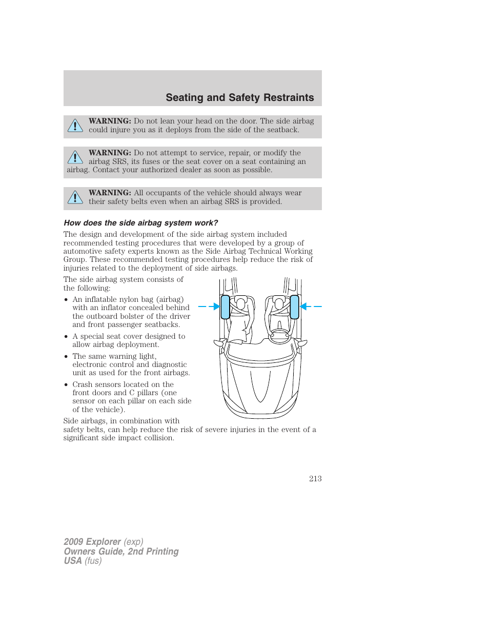 How does the side airbag system work, Seating and safety restraints | FORD 2009 Explorer v.2 User Manual | Page 213 / 401