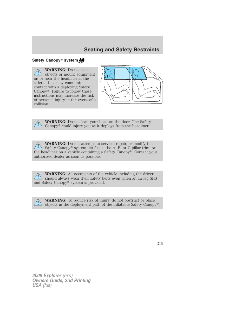 Safety canopy system, Seating and safety restraints | FORD 2009 Explorer v.2 User Manual | Page 215 / 401