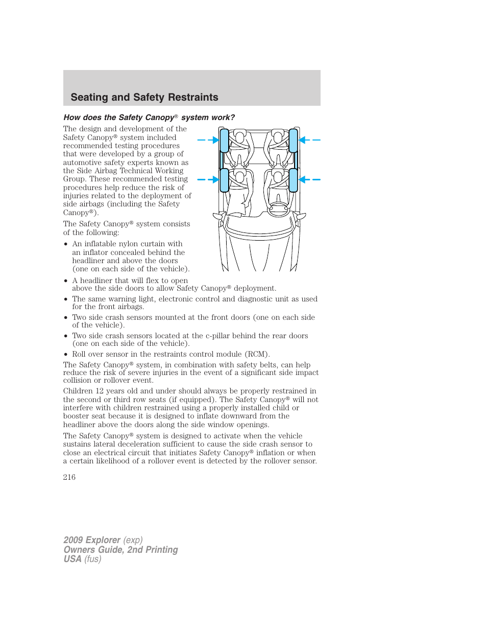 How does the safety canopy system work, Seating and safety restraints | FORD 2009 Explorer v.2 User Manual | Page 216 / 401