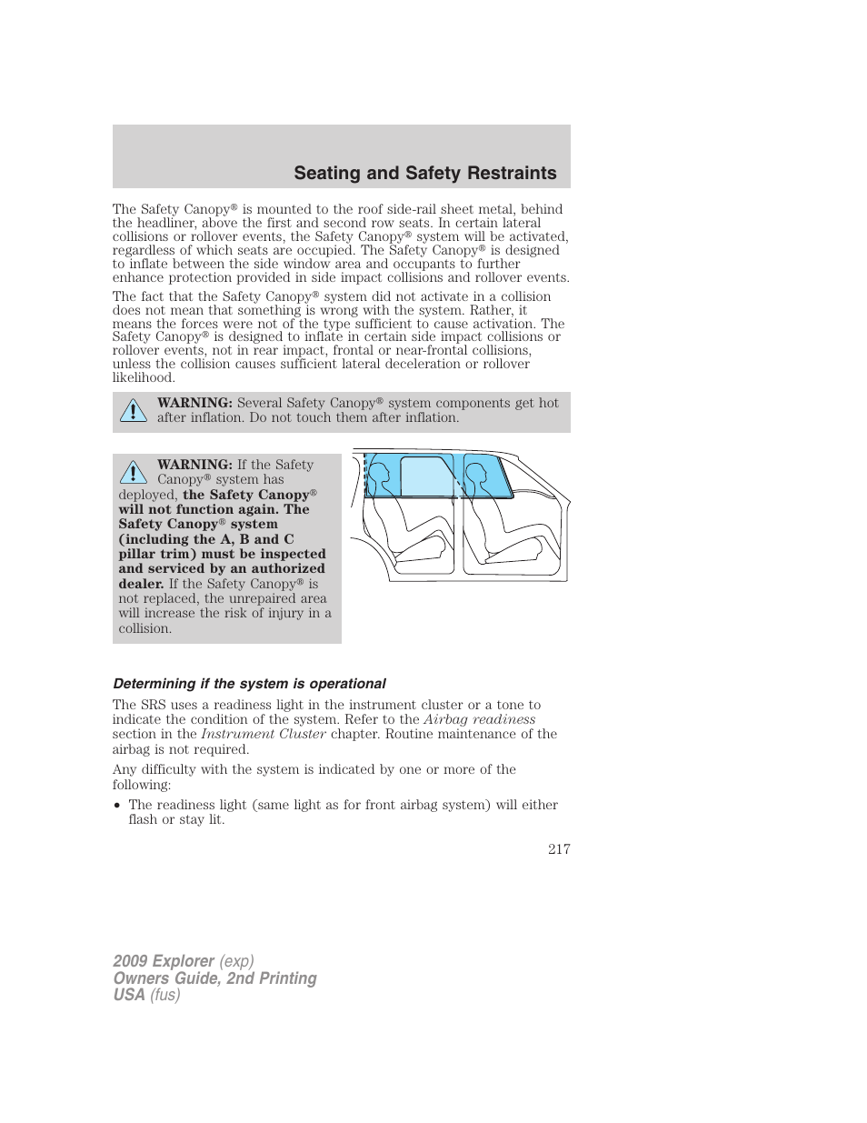 Determining if the system is operational, Seating and safety restraints | FORD 2009 Explorer v.2 User Manual | Page 217 / 401