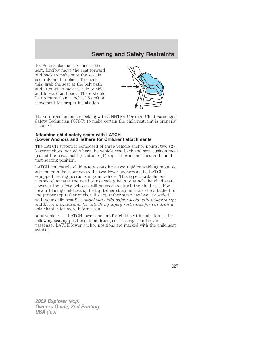 Seating and safety restraints | FORD 2009 Explorer v.2 User Manual | Page 227 / 401