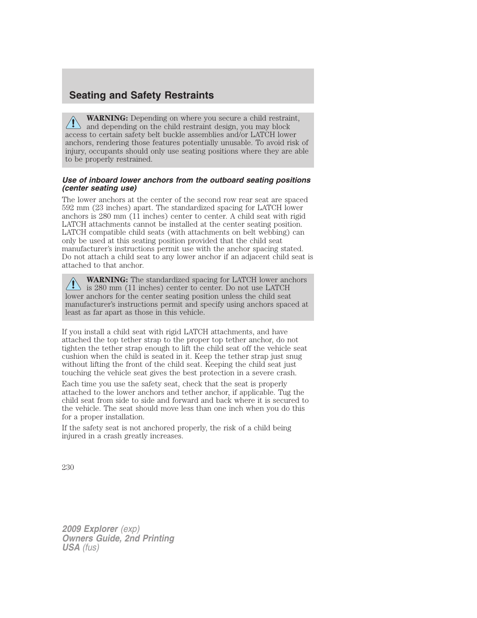 Seating and safety restraints | FORD 2009 Explorer v.2 User Manual | Page 230 / 401