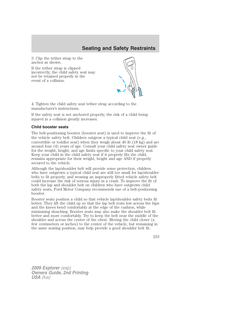 Child booster seats, Seating and safety restraints | FORD 2009 Explorer v.2 User Manual | Page 233 / 401