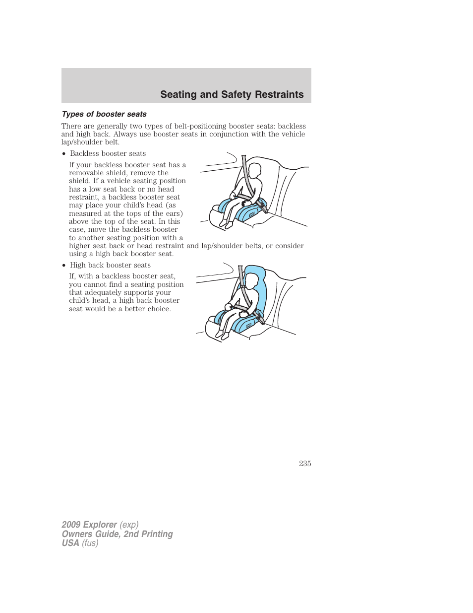 Types of booster seats, Seating and safety restraints | FORD 2009 Explorer v.2 User Manual | Page 235 / 401