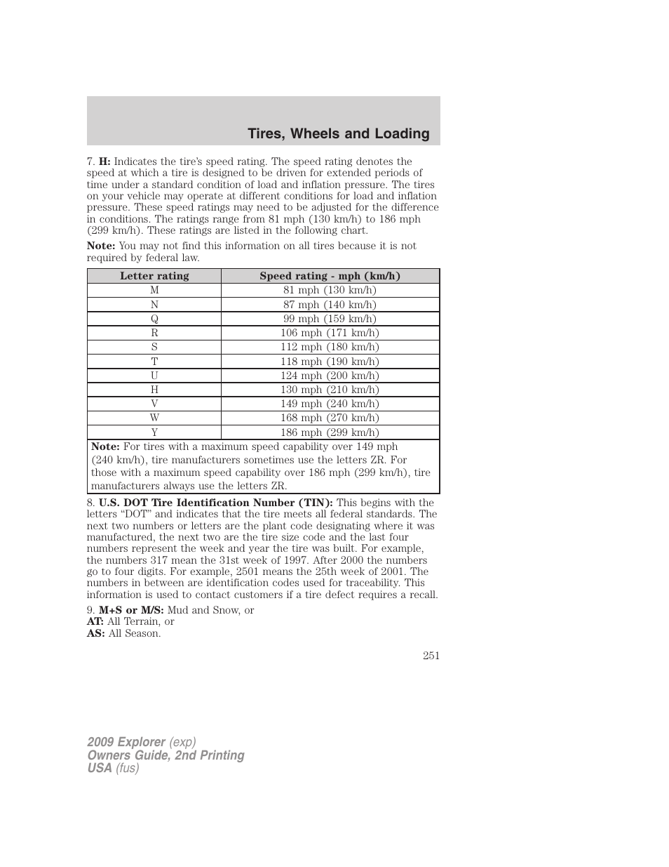 Tires, wheels and loading | FORD 2009 Explorer v.2 User Manual | Page 251 / 401