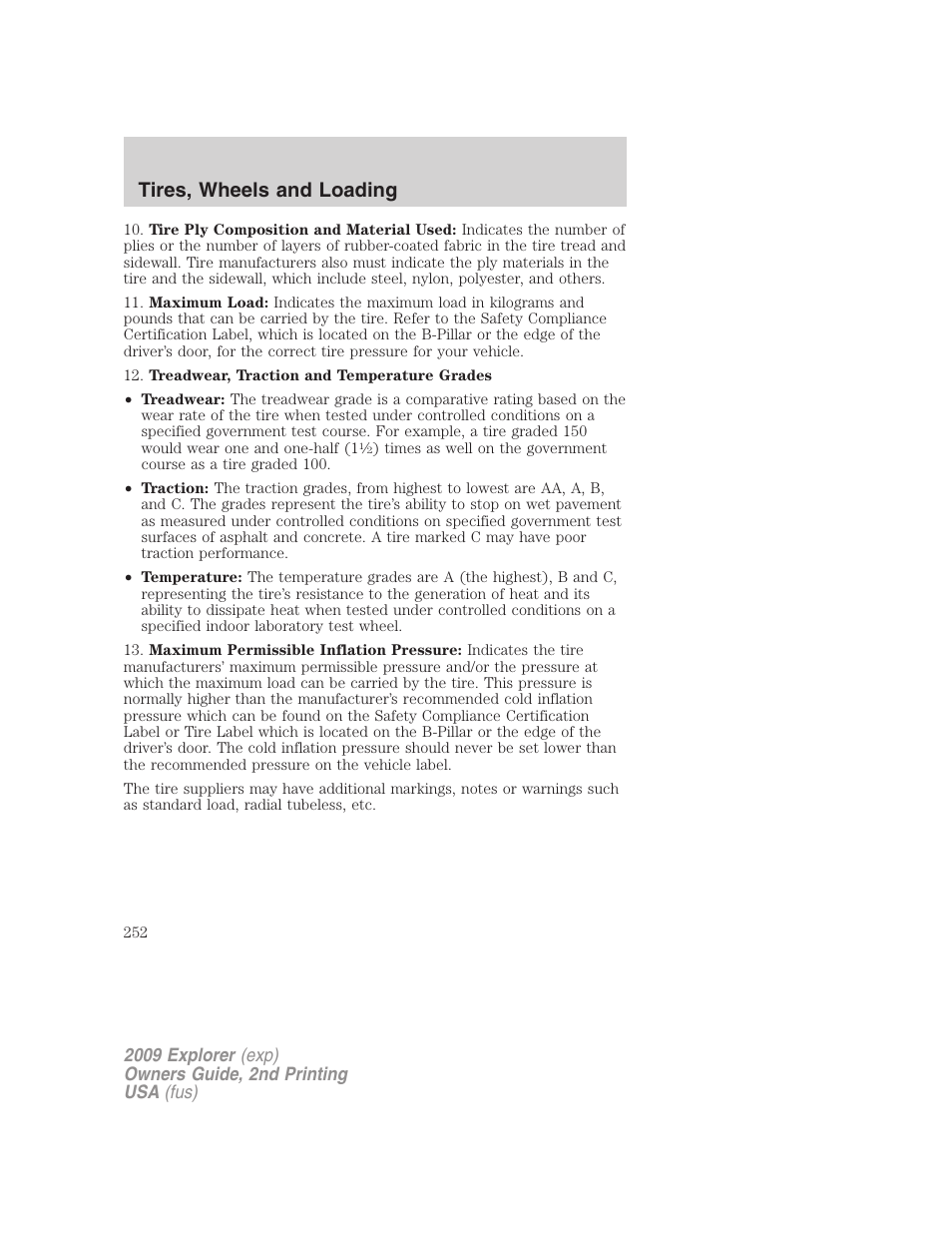Tires, wheels and loading | FORD 2009 Explorer v.2 User Manual | Page 252 / 401