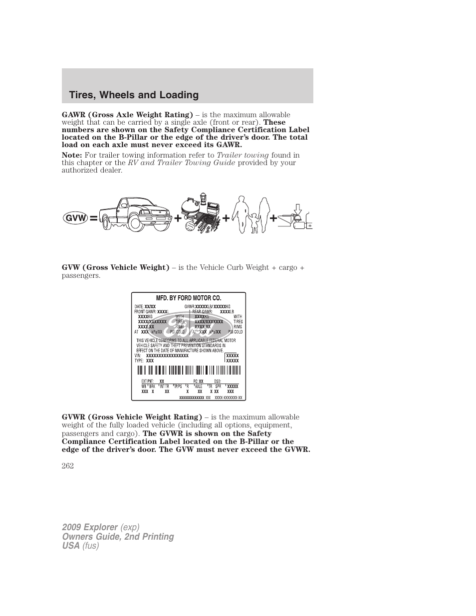 Tires, wheels and loading | FORD 2009 Explorer v.2 User Manual | Page 262 / 401