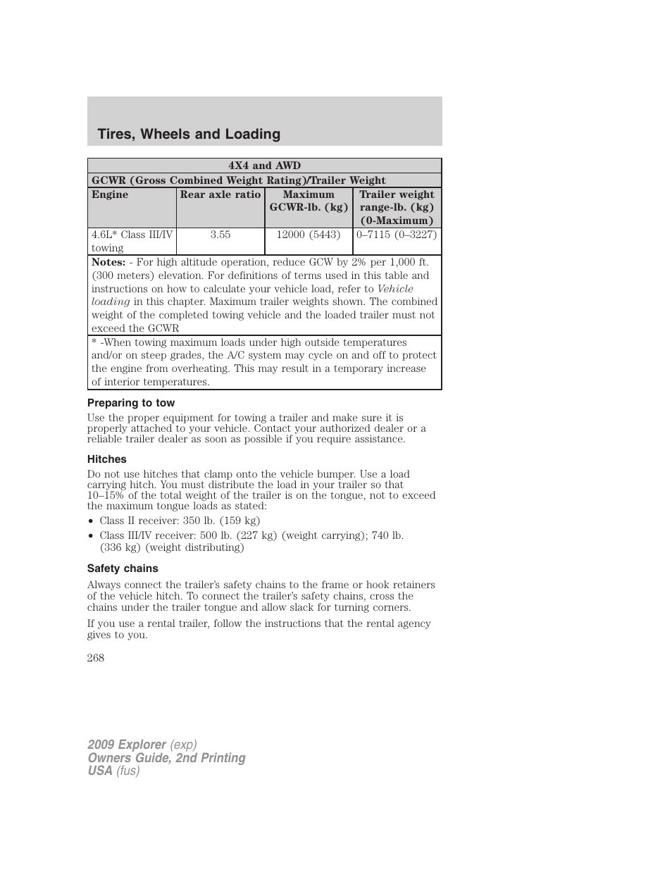 Preparing to tow, Hitches, Safety chains | Tires, wheels and loading | FORD 2009 Explorer v.2 User Manual | Page 268 / 401