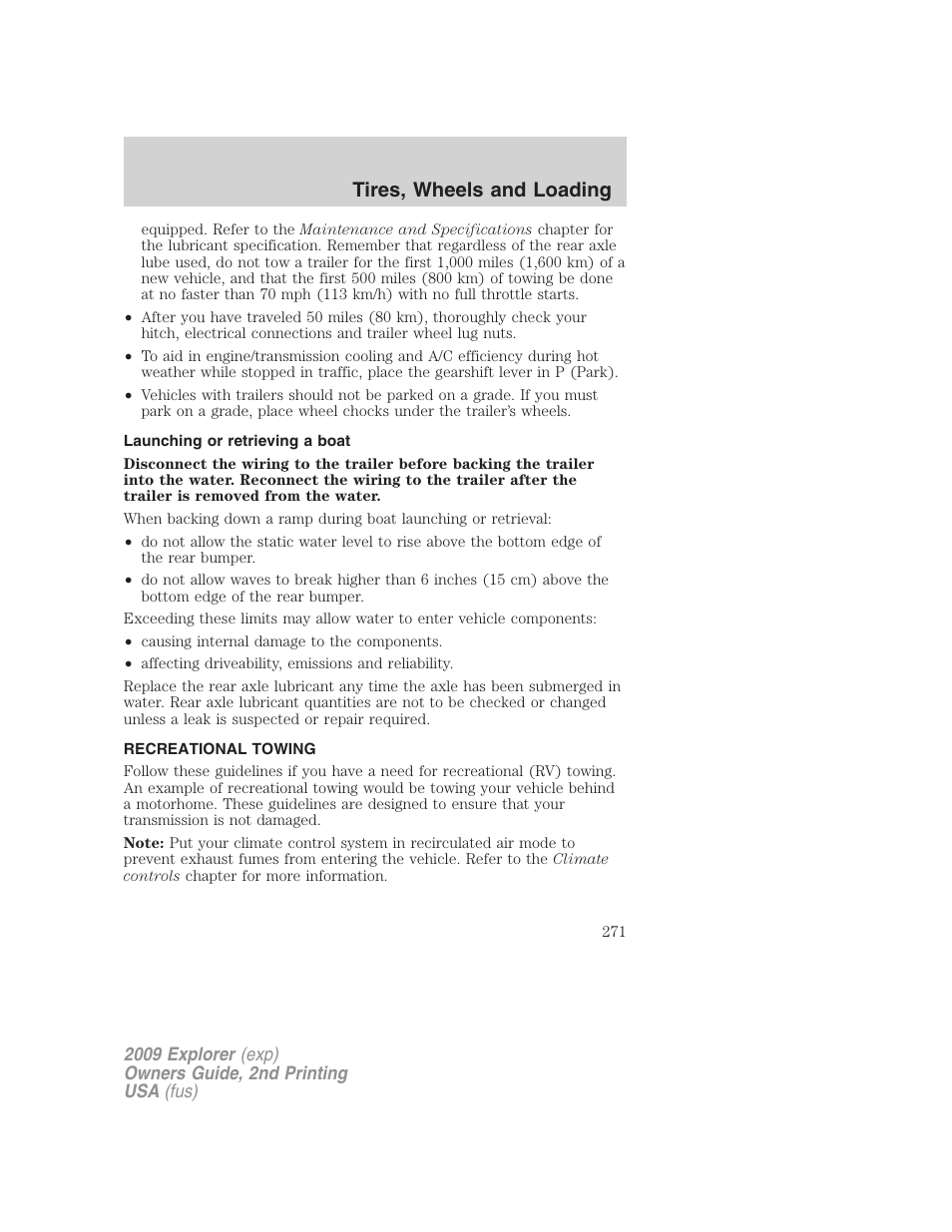 Launching or retrieving a boat, Recreational towing, Tires, wheels and loading | FORD 2009 Explorer v.2 User Manual | Page 271 / 401