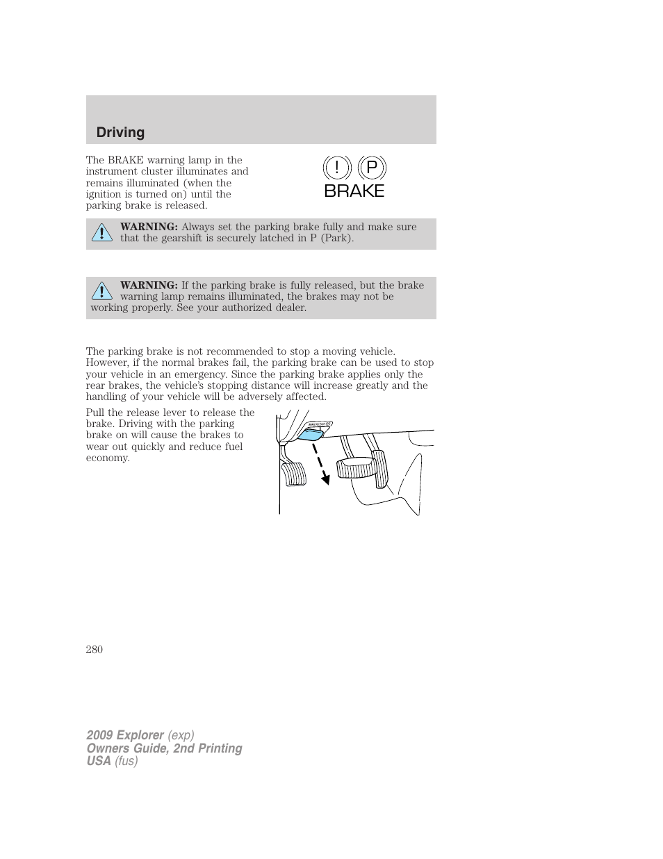 P! brake | FORD 2009 Explorer v.2 User Manual | Page 280 / 401