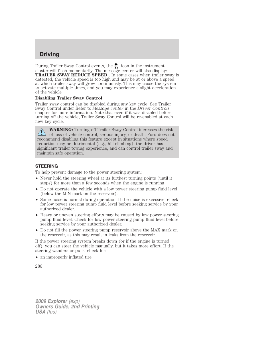 Steering, Driving | FORD 2009 Explorer v.2 User Manual | Page 286 / 401