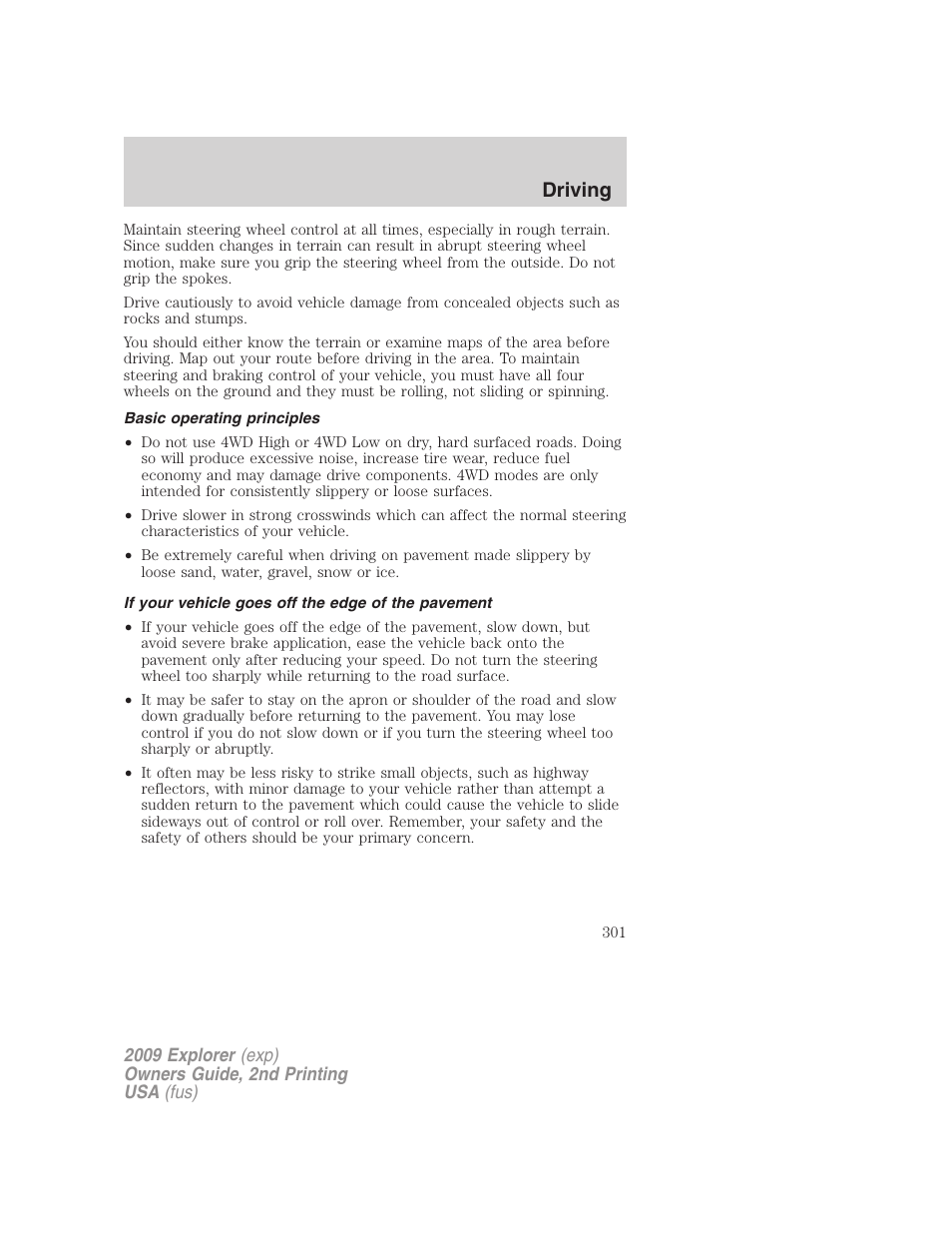 Basic operating principles, If your vehicle goes off the edge of the pavement, Driving | FORD 2009 Explorer v.2 User Manual | Page 301 / 401