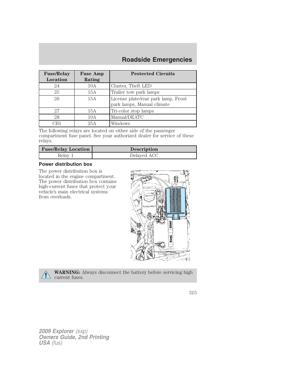 Power distribution box, Roadside emergencies | FORD 2009 Explorer v.2 User Manual | Page 315 / 401