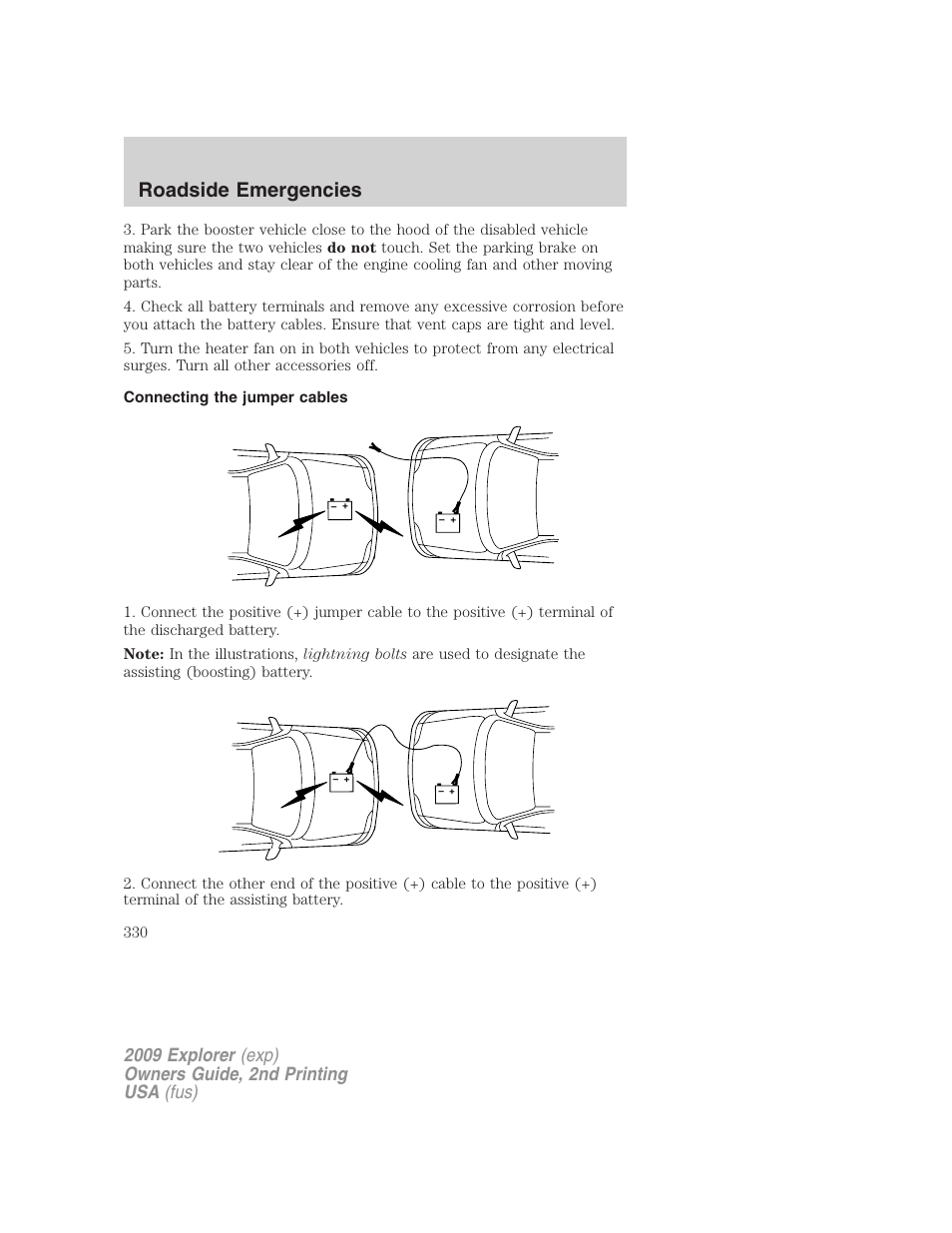 Connecting the jumper cables, Roadside emergencies | FORD 2009 Explorer v.2 User Manual | Page 330 / 401