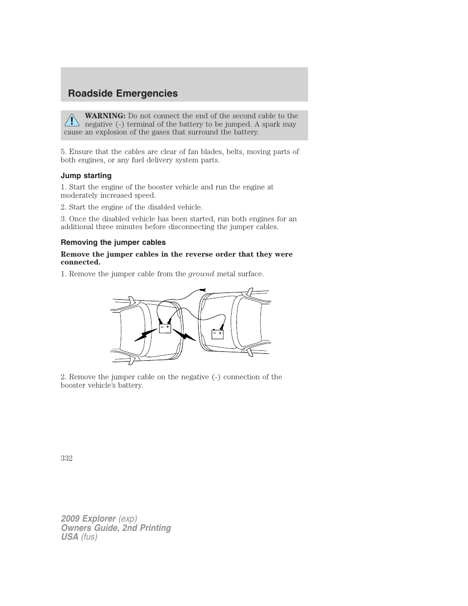 Jump starting, Removing the jumper cables, Roadside emergencies | FORD 2009 Explorer v.2 User Manual | Page 332 / 401