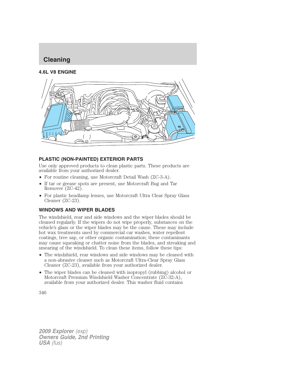 6l v8 engine, Plastic (non-painted) exterior parts, Windows and wiper blades | Cleaning | FORD 2009 Explorer v.2 User Manual | Page 346 / 401