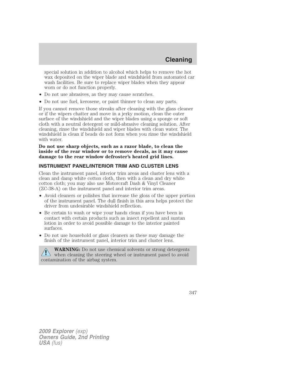 Instrument panel/interior trim and cluster lens, Cleaning | FORD 2009 Explorer v.2 User Manual | Page 347 / 401