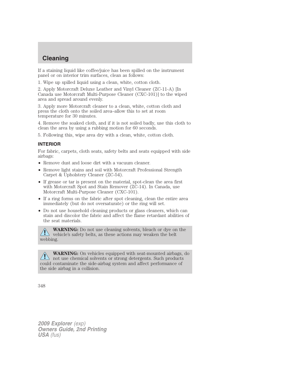 Interior, Cleaning | FORD 2009 Explorer v.2 User Manual | Page 348 / 401