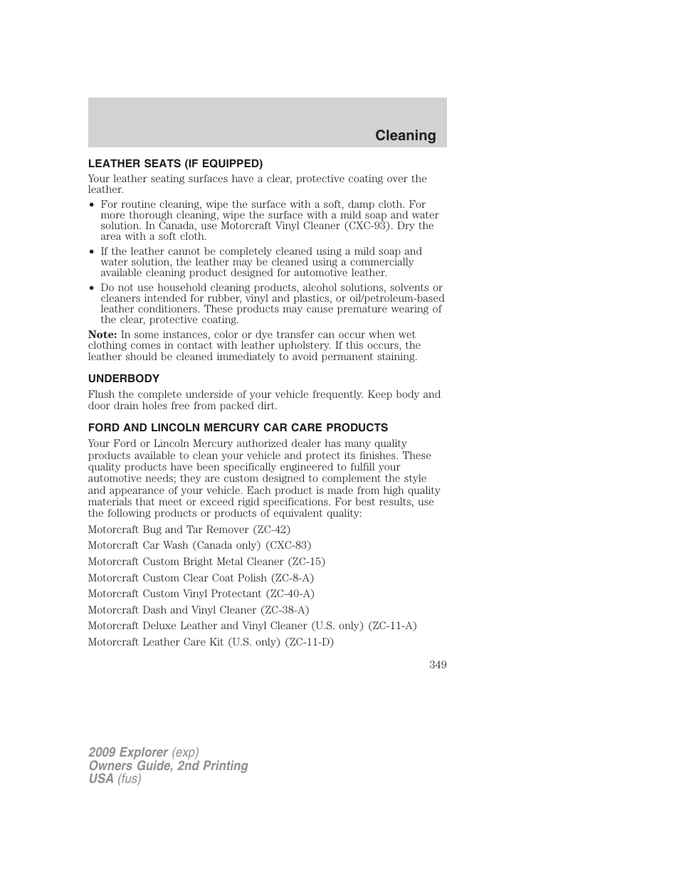 Leather seats (if equipped), Underbody, Ford and lincoln mercury car care products | Cleaning | FORD 2009 Explorer v.2 User Manual | Page 349 / 401