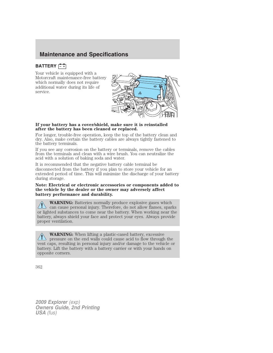 Battery, Maintenance and specifications | FORD 2009 Explorer v.2 User Manual | Page 362 / 401