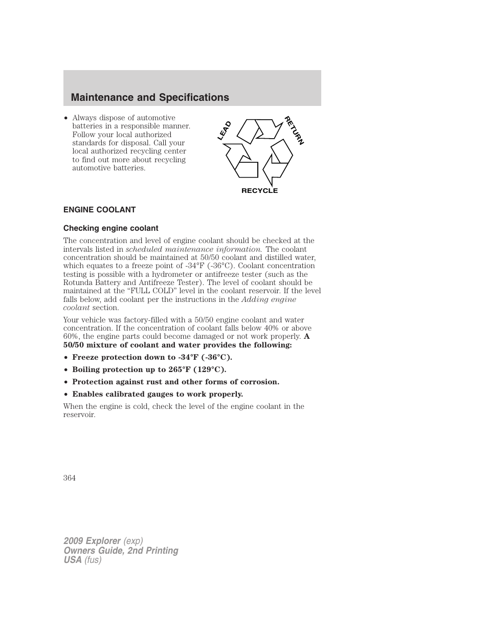Engine coolant, Checking engine coolant, Maintenance and specifications | FORD 2009 Explorer v.2 User Manual | Page 364 / 401